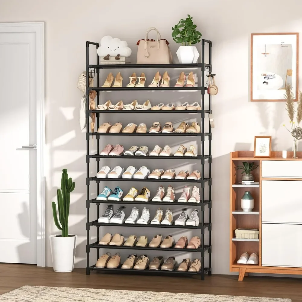 

10-Tier Shoe Rack, Large Capacity 50 Pair Organizer with Two Hooks - Sturdy Metal Shoe Shelf for Entryway, Shoe Cabinets