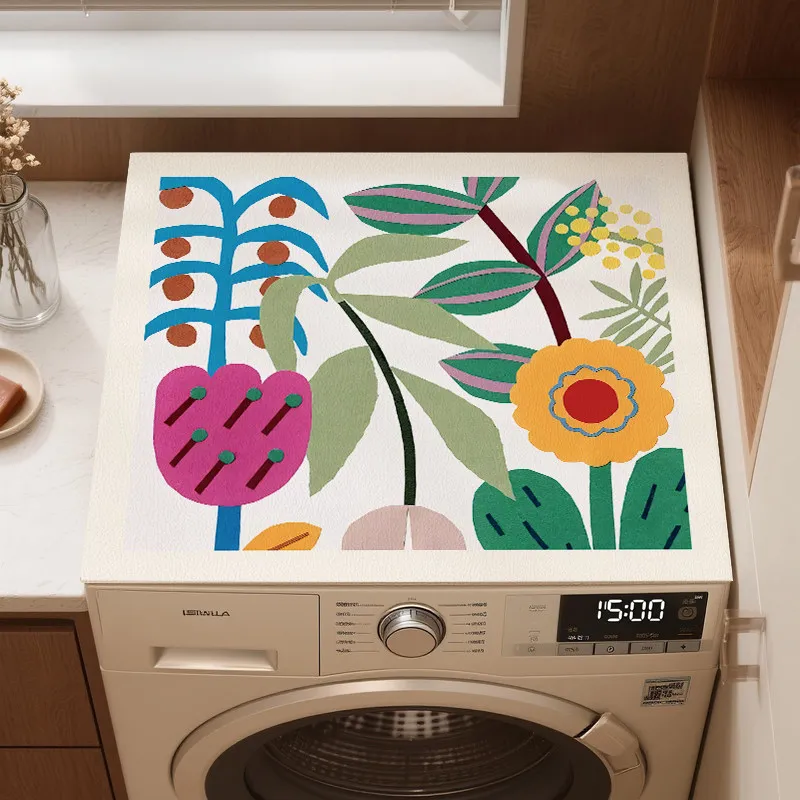 VIKAMA Abstract Tropical Floral Washing Machine Top Mat Color Block Plant Print Waterproof Anti Dust Dryer Cabinet Surface Mat