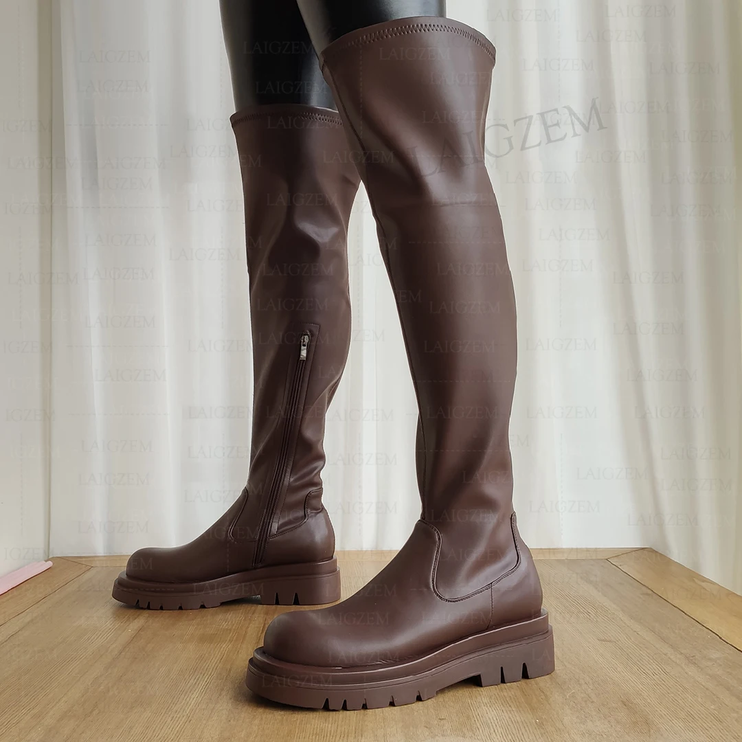 LAIGZEM Women Over Knee Boots Real Leather+ Elastic Synthetic Side Zip Comfortable Boots Handmade Shoes Woman Big Size 33 42 43