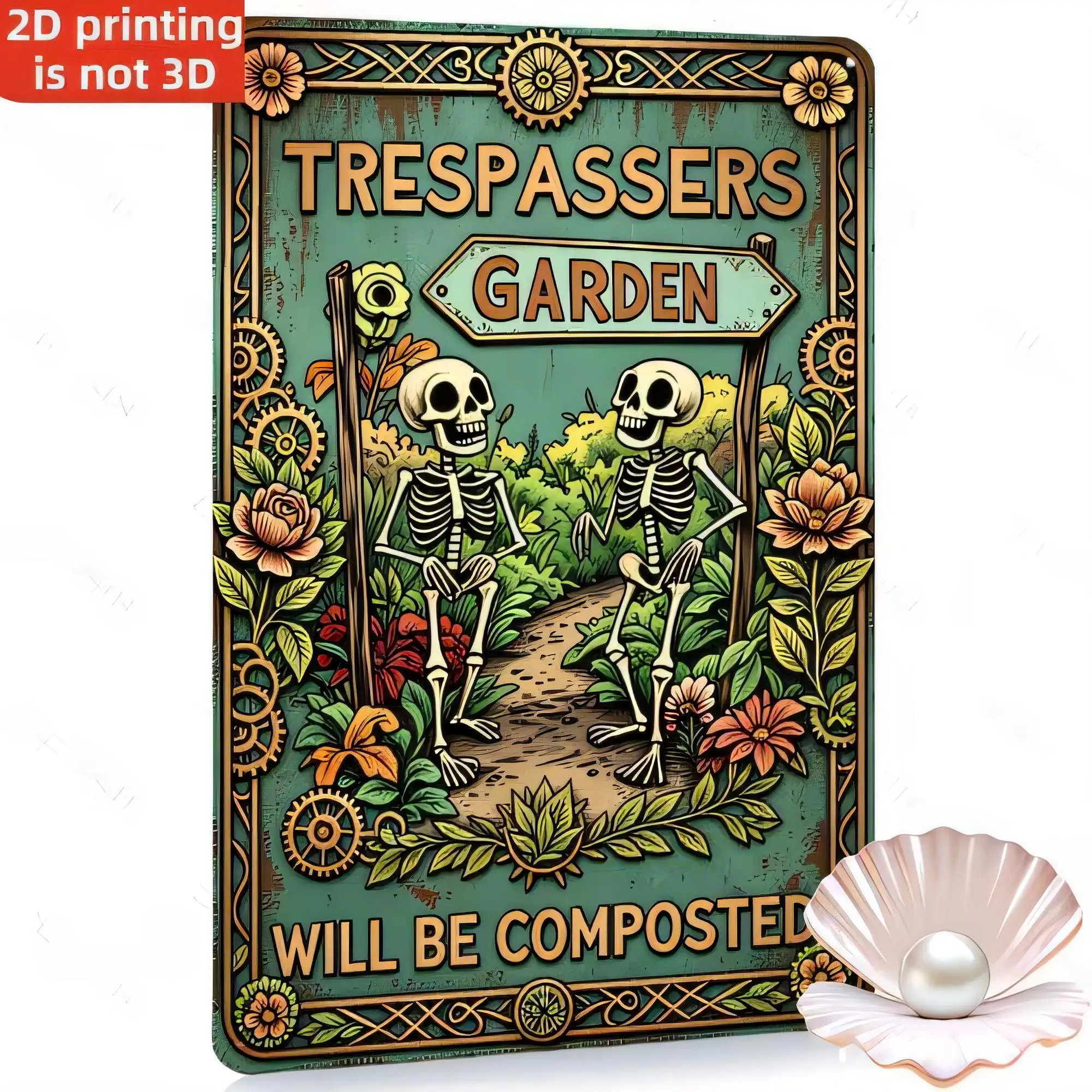 Tin Sign, 2D Printing Trespassers Will Be Composted Garden Skeletons Warning Plaque Metal Wall Art, Vintage Retro Halloween Farm