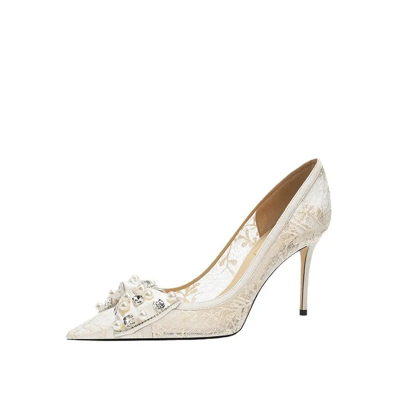 

A41 Свадебные туфли Невеста Основное платье Свадебные туфли на высоком каблуке Жемчужный бант Тяжелая промышленность Кружевная сетка Женские одинарные туфли Zapatos Mujer