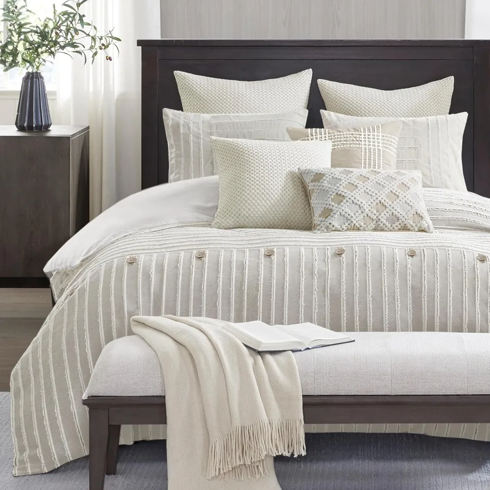 King Comforter Set Clipped Jacquard Stripes with Buttons Boho Comforter for a King-Size Bed, Cotton Overs