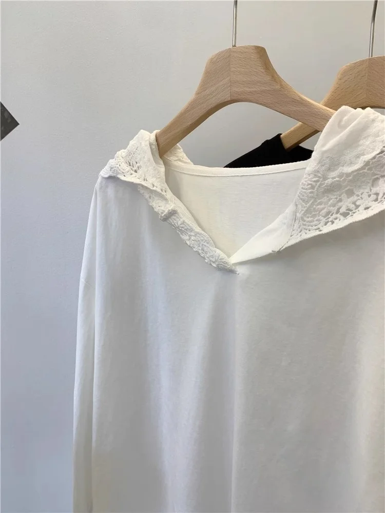 Grote Maat 300Pou Kant Splice Capuchon Faion Losse Lange Sve T irt Vrouwen Lente Koreaanse Sle Hoed irt Base irt