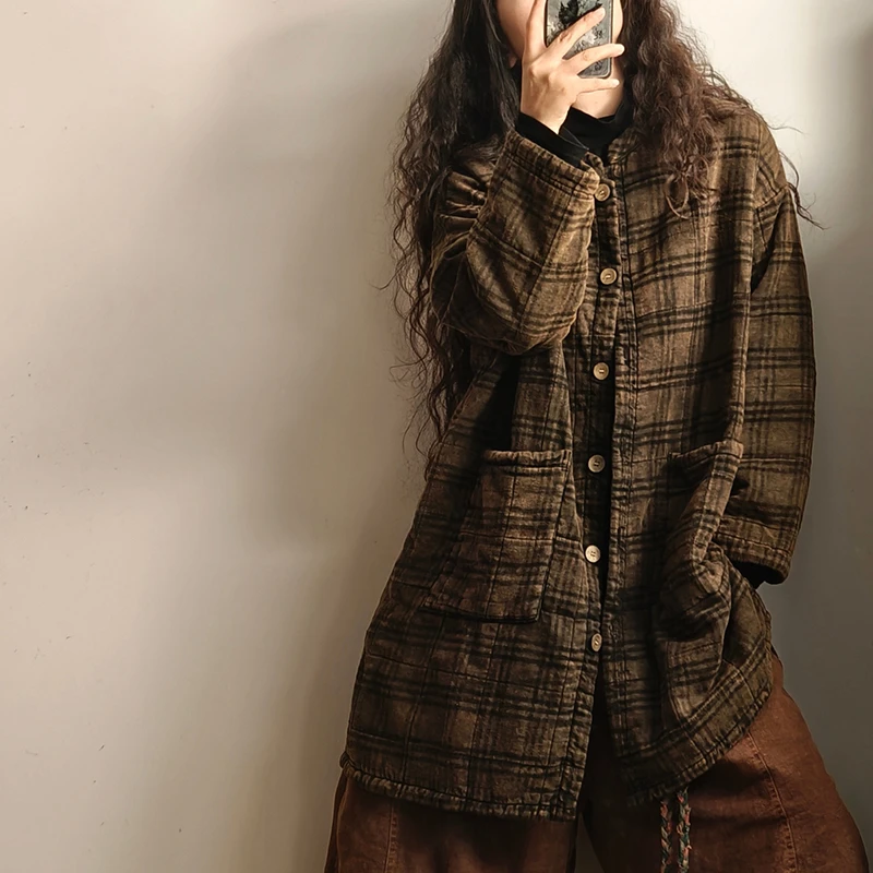 

2025 New Arrival Winter Women Casual Loose Vintage Long Parkas Cotton Linen Plaid Print Single Breasted Long Sleeves Coats Y104