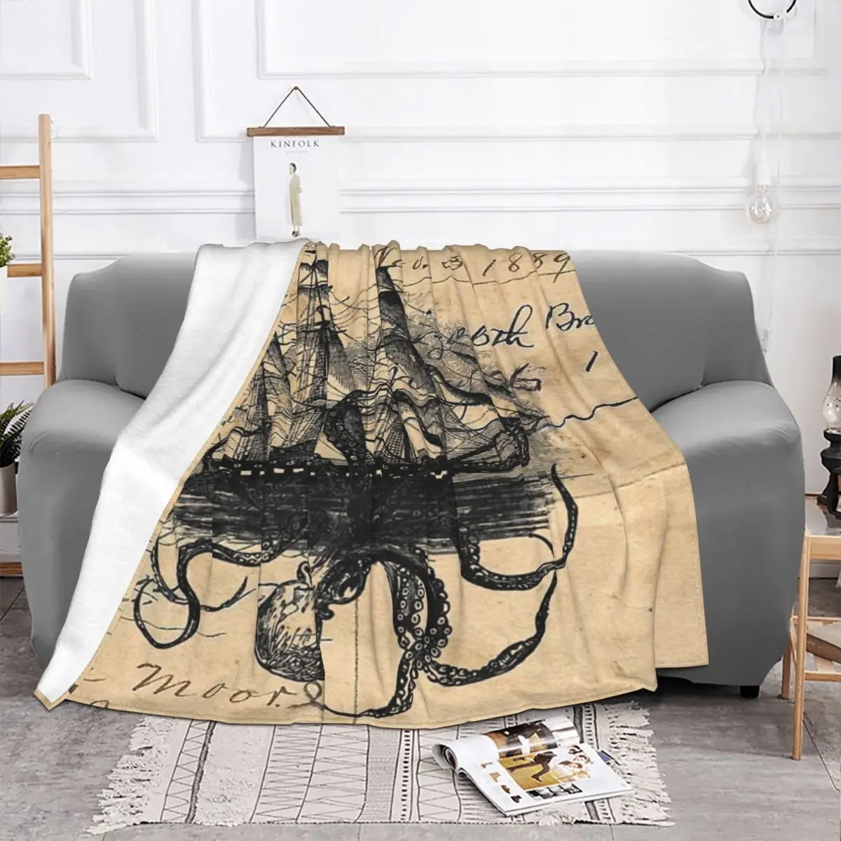 Kraken Attacking Ship On Ledger Design Quilt Bed Blanket Blankets & Throws Thin Wadding Blanket Throw Blanket