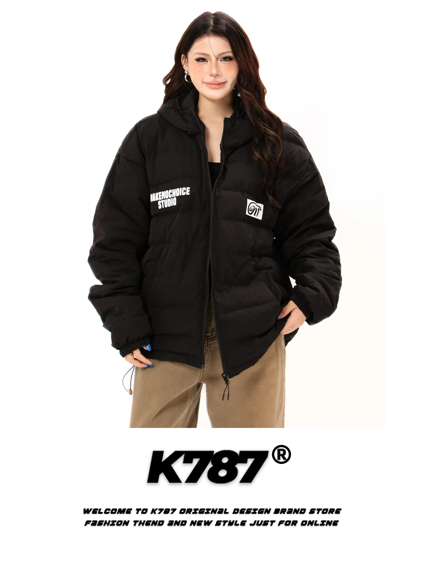 

Куртка-пуховик K787 в американском ретро-стиле с узором «реберная кость», с капюшоном, легкая, теплая, на молнии, для пар, женская