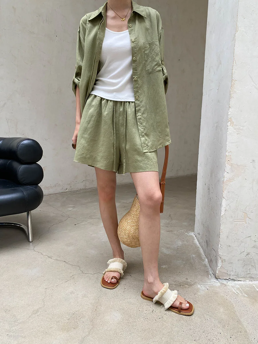 Sommer Damen Casual Einfarbiges Sonnenschutz-Kragen-Langarmshirt mit Kordelzug-Shorts, Lockeres Set – Detail 6