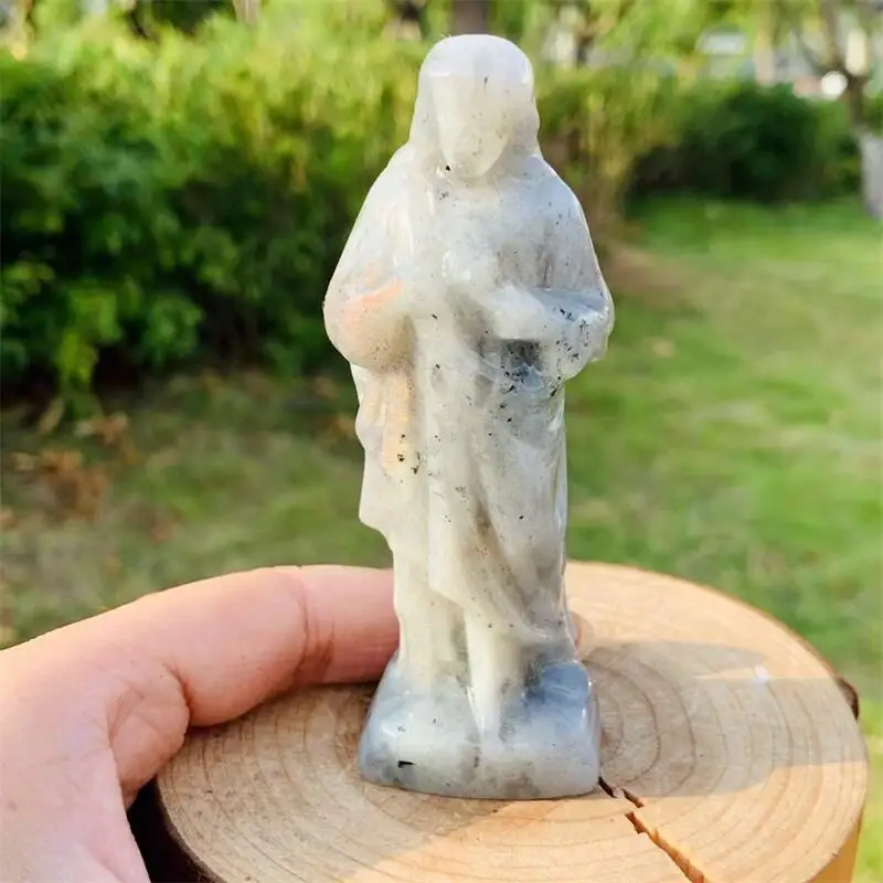 10CM Natural Labradorite Jesus Statue Carving Handmade Carved Crafts Figurine Healing Ornament Room Decor 1PCS