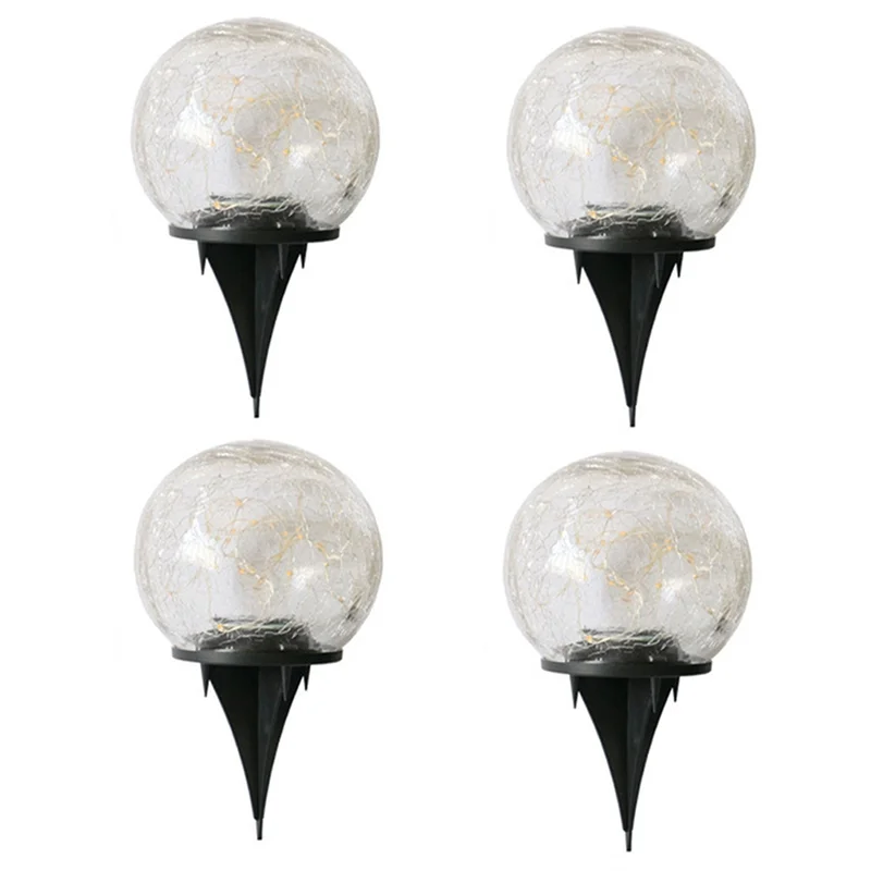 4 PCS Garden Solar Ball Lights LED Cracked Glass Globe Solar Power Ground Lights As Shown For Path Yard Patio Lawn
