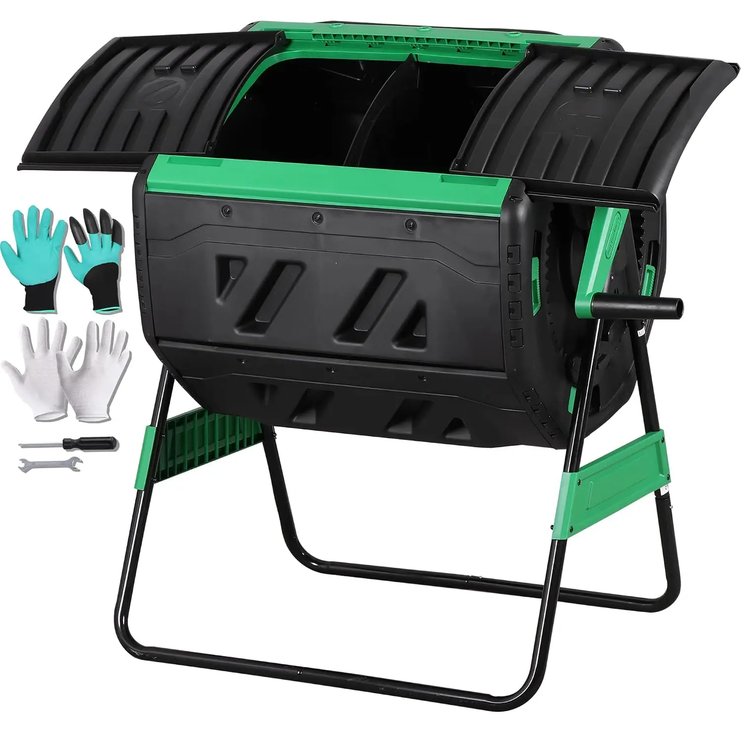 53 Gal Dual Chamber Compost Tumbler Outdoor - BPA-Free Rotating Composter with 8 Adjustable Vents, 2 Sliding Doors & Metal Frame