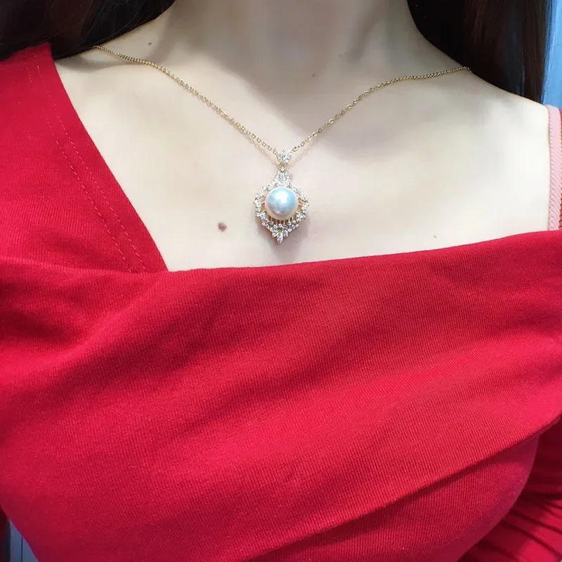 Natural Freshwater Edison Pearl Necklace Pendant Women's Fashion Versatile Jewelry Large Particle Round Collarbone Chain