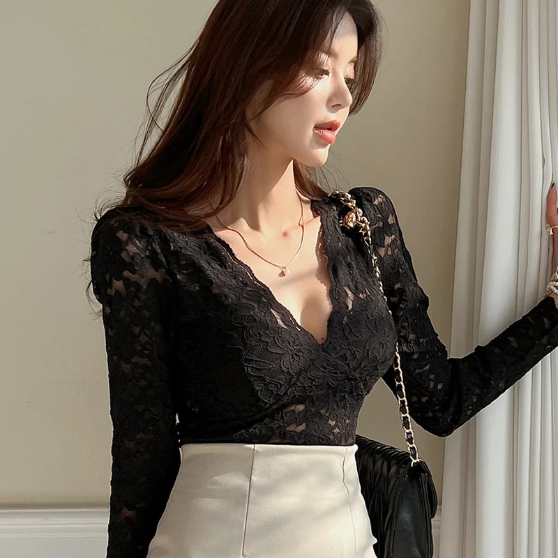 New 2024 Spring Women Lace Blouse Long Sleeve Deep V Neck Slim Fit Blouse Hollow Out Body Shirt Woman Hot Sale