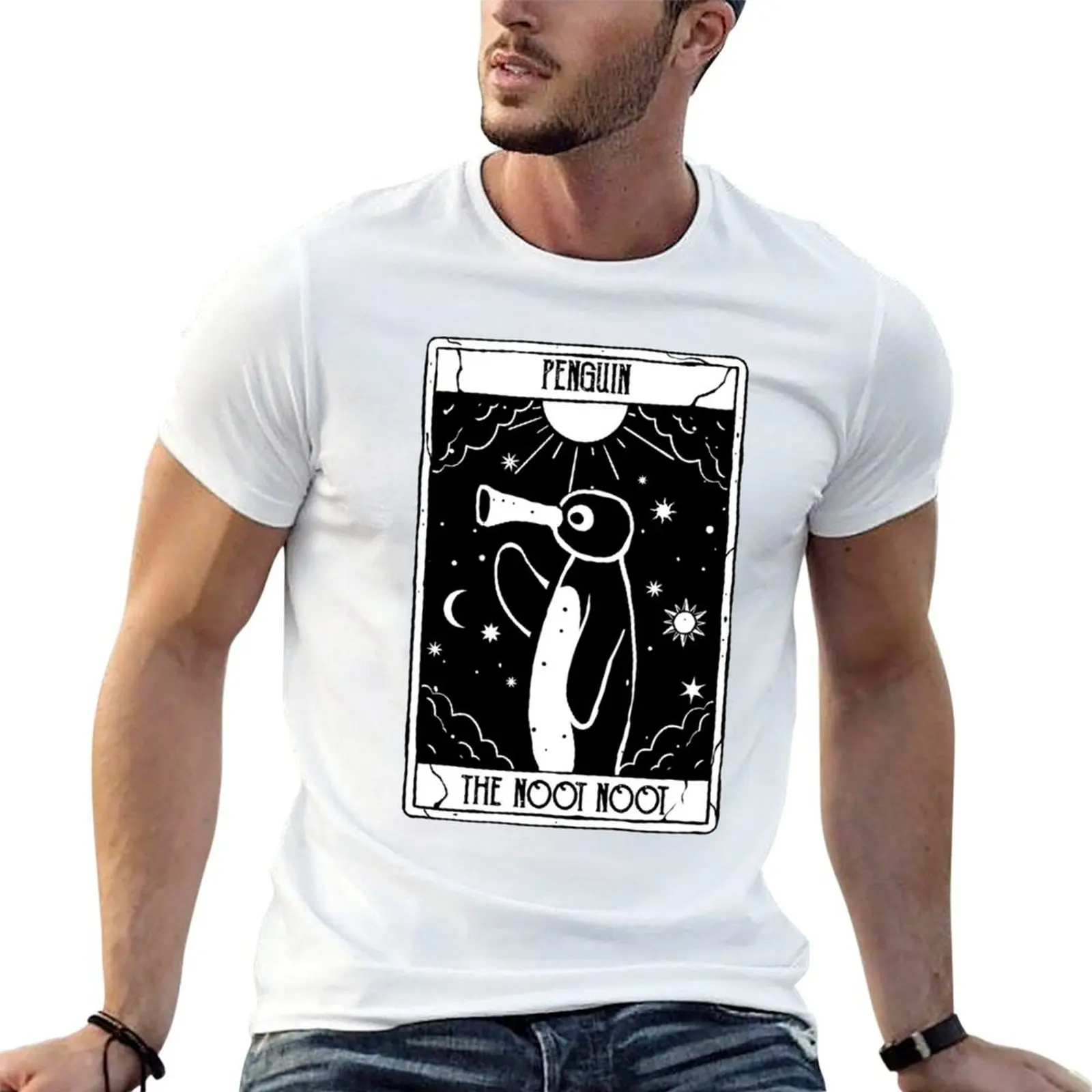 Noot Noot Funny tarot card Penguin Vintage Rainbow Distressed T-Shirt Halloween Casual T-Shirt