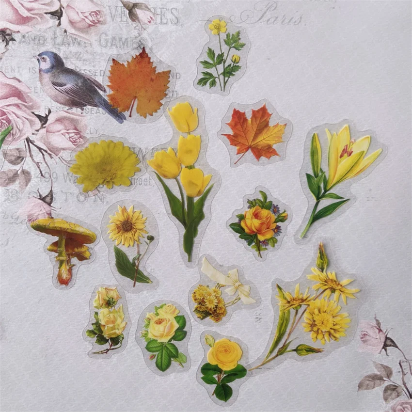 100pcs Colorful Yellow Flower Style PVC Sticker Tag Card Set Scrapbooking DIY Gift Decoration