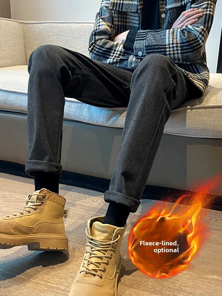 

Men's Fce Lined Thiened Straight Leg Casual Pants for Boots Autumn Winter Faionable Slim Fit Korean Sle