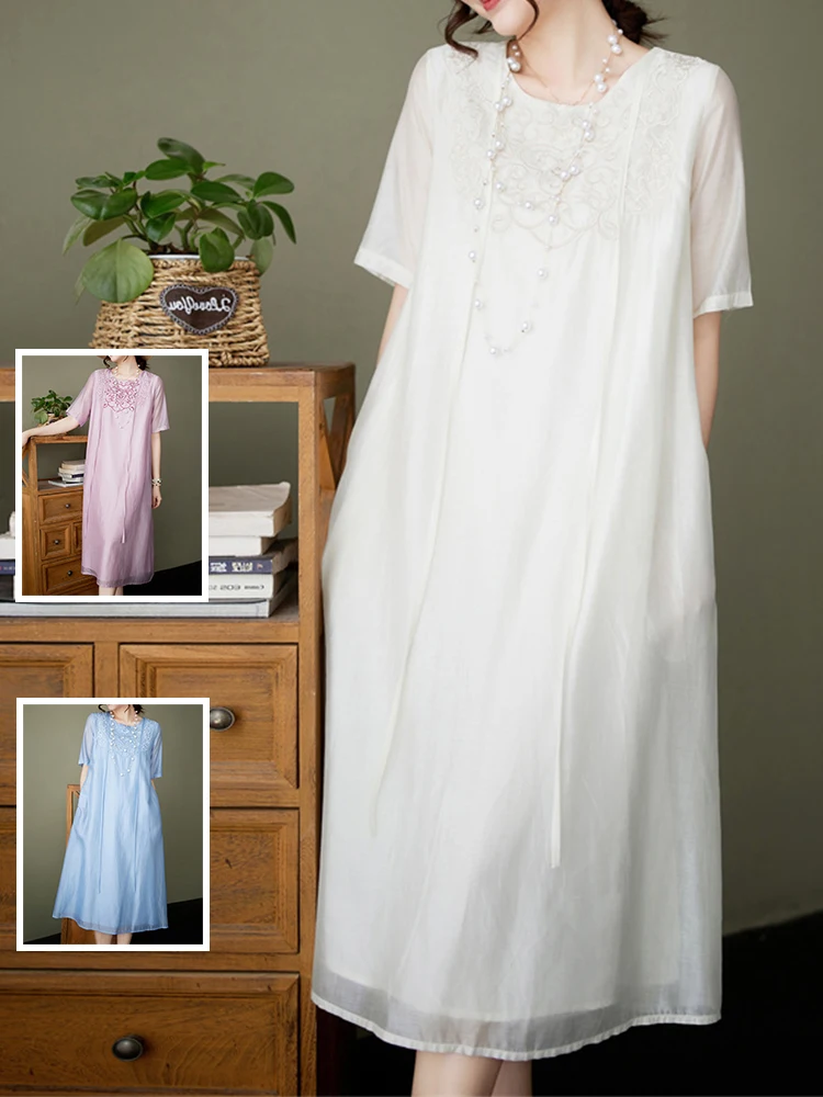 

Ele Mid-Length ort-Sve Embroidered Dr Pure Color round Ne Large Size Women's Faionable Summer Dr