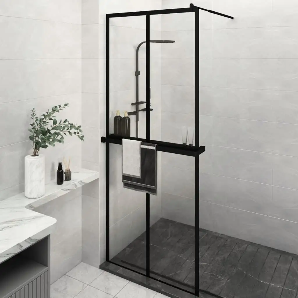 31.5x76.8 Black Walk-in Shower Wall with Shelf - ESG Glass & Aluminum Design