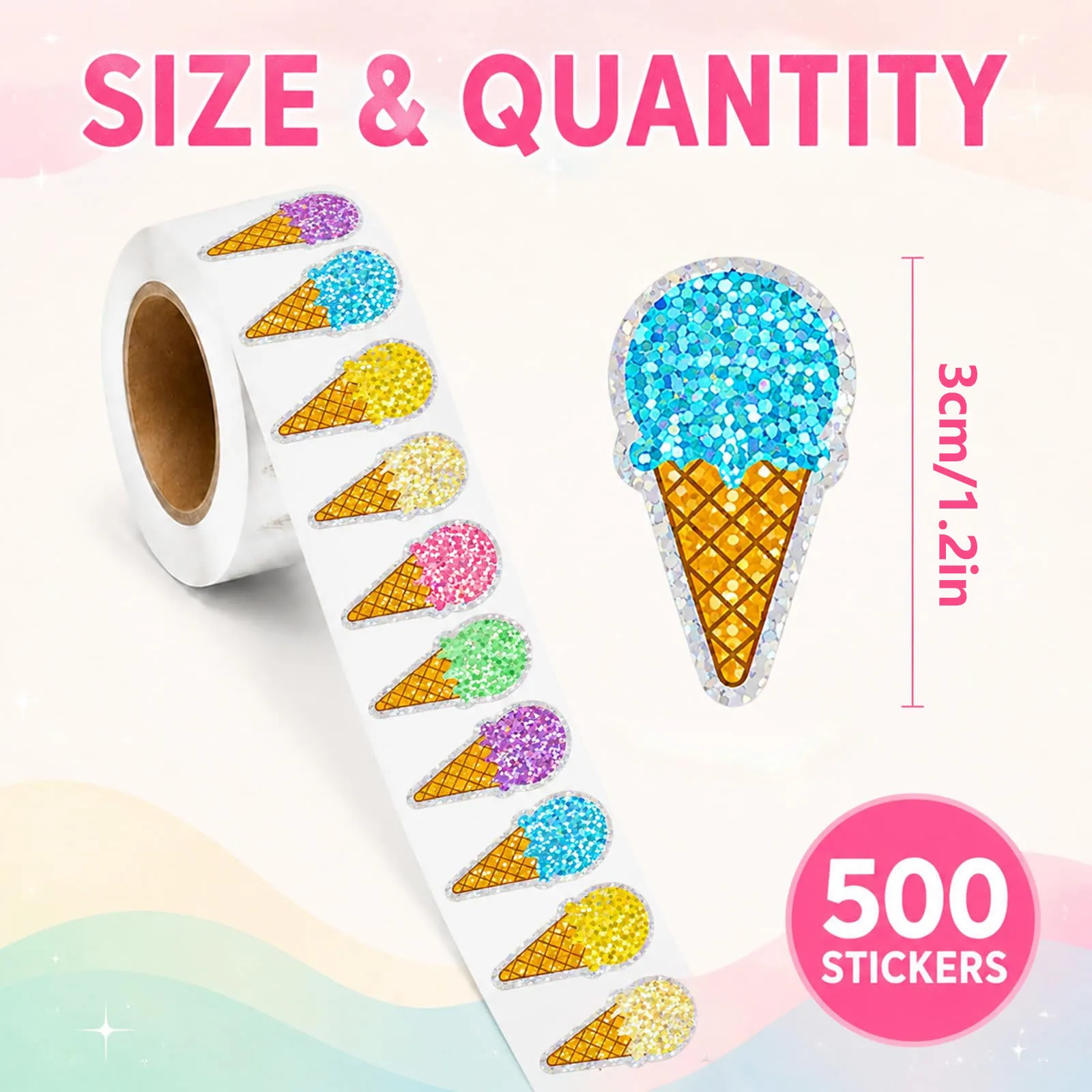 100/500 Pcs Summer Ice Cream Stickers Roll Holographic Ice Cream Cone Stickers Colored Waterproof Self-Adhesive Decals for Gift