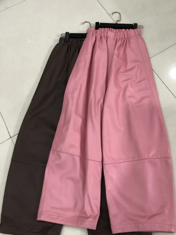 Streetwear Style Pocket Elastic Waist Ladies Handmade Genuine Leather Pants Solid Color Sheepskin Loose Wide Leg Trousers