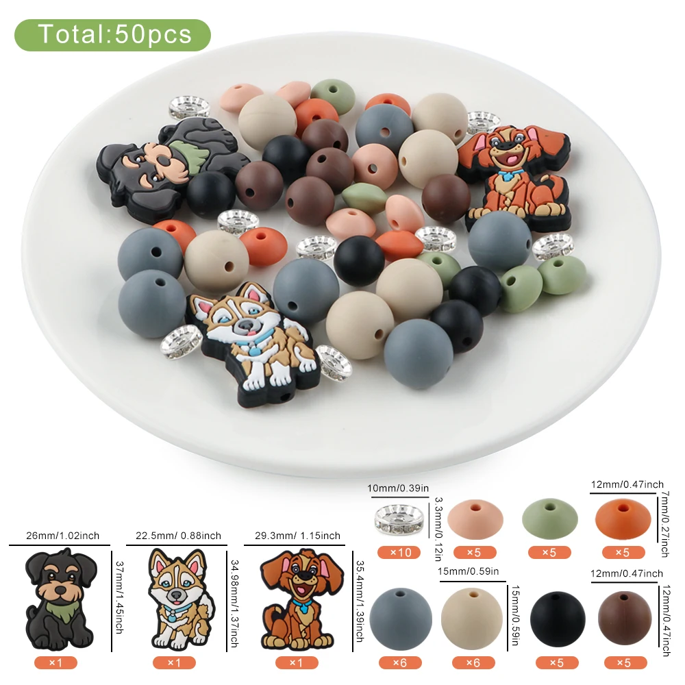 50Pcs Animal Round Silicone beads Focus Beads Set For Jewelry Making DIY KeyChain Pen Bracelet Necklace Accessories