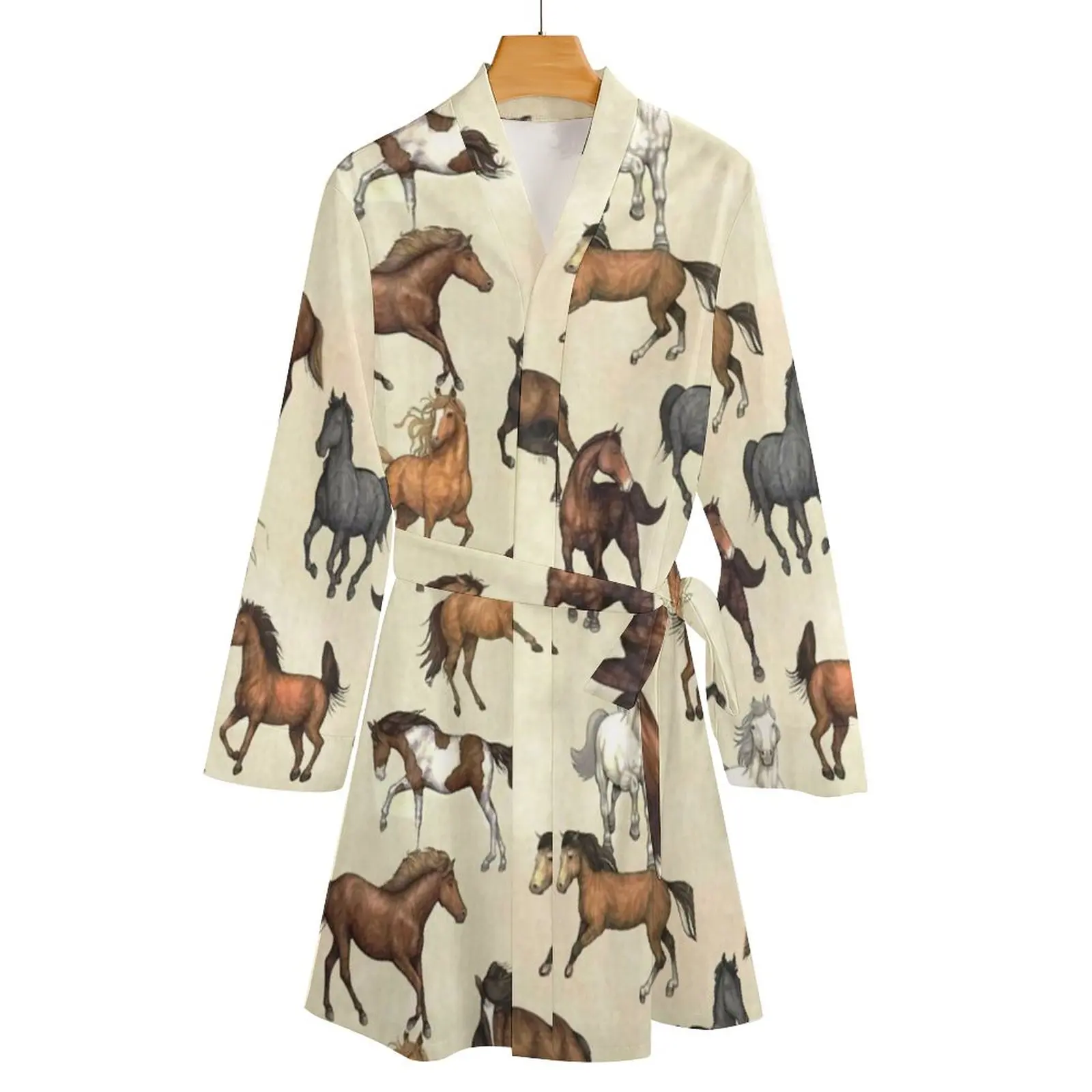 Sunset Horse Pajama Robe Horses Riding Funny Long-Sleeve Sexy Pajamas Robes Female V Neck Casual Loose Bathrobe Graphic Dress