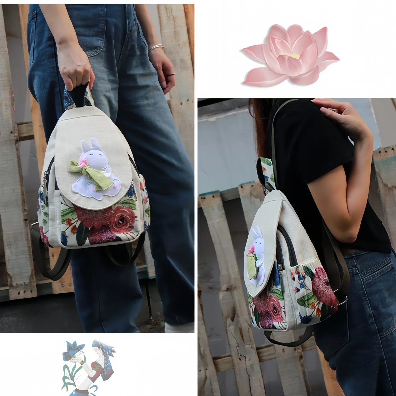 Cute cartoon casual multi layered canvas bag, birthday gift for girlfriend