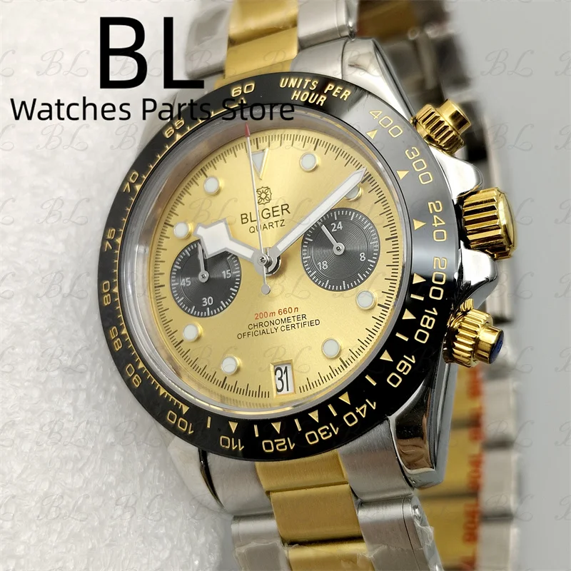 BLIGER 39mm VK64 Quartz Chronograph Watch For Men Two tone Gold Stanless Steel Strap Black Gold Bezel Sapphire Glass Waterproof