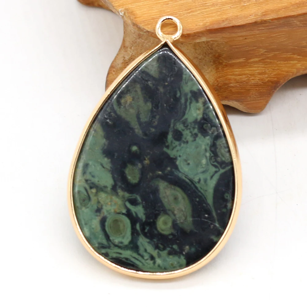 Natural Stone Green Tiger Eye WaterDrop Gilt Edge Pendant CraftDIY Necklace Earring Jewelry Accessories Gift Making Party26x40mm