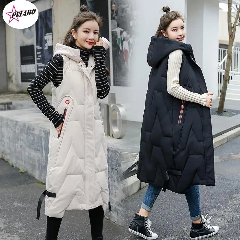 PULABO Long Winter Vest Women's Solid Hooded Pockets Zipper Padded Ladies Casual Sleeveless Jacket Warm Waistcoat for Female