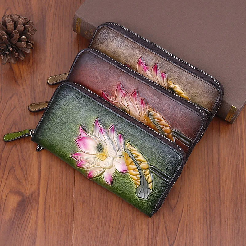 Top layer cowhide ladies' wallet, retro color rubbing, multiple slots, mobile phone storage, long wallet