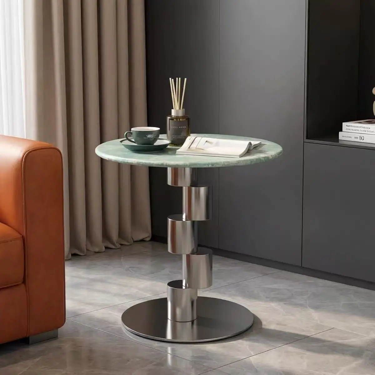 

#Round Microcrystalline Stone Side Table, Stacked Metal Base End Table for Living Room