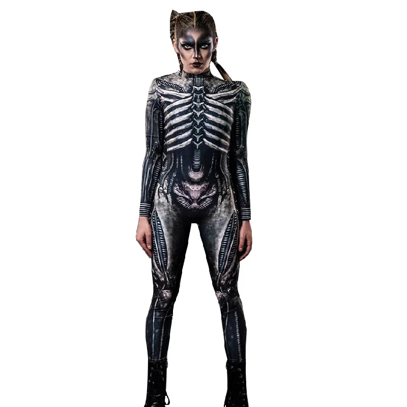 Halloween Cosplay Costume for Woman Digital Print Terror Scary Skeleton Jumpsuit Female Sexy Carnival Party Performance Tights