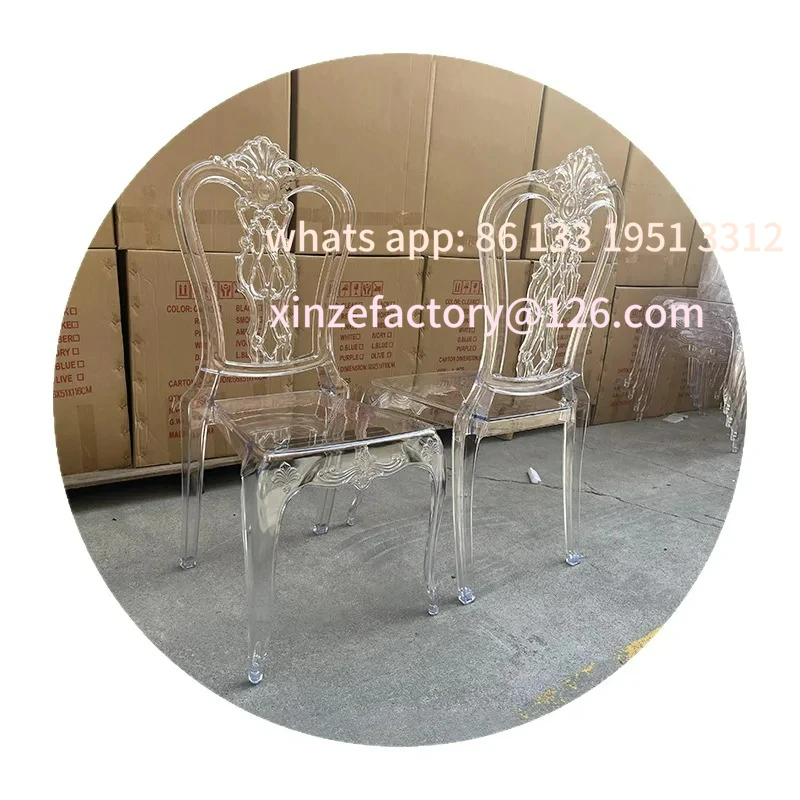 كرسي محكمة كريستالي قابل للتخصيص بسعر الجملة من الشركة المصنعة لقاعة الزفاف من الأكريليك الكريستالي كرسي زفاف شفاف قصر Transpa