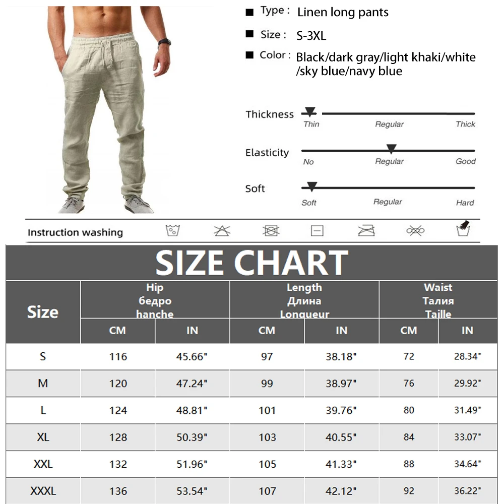 Men\'s Cotton Linen Long Pants Summer Solid Color Breathable Linen Trousers Male Casual Elastic Waist Casual Pants Harajuku Trous