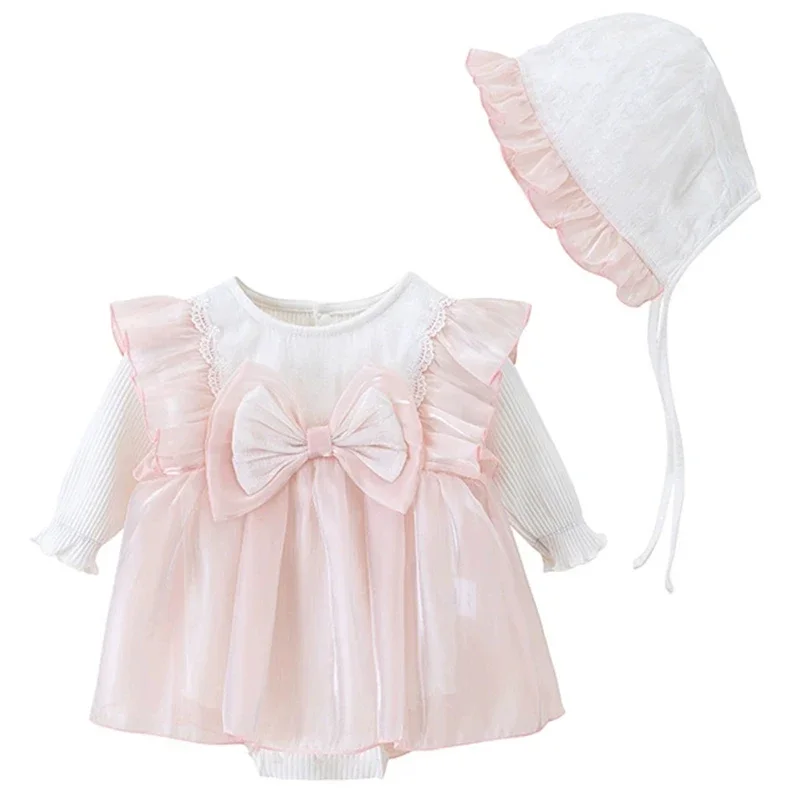 

2Piece Sets Spring Autumn Newborn Girls Clothes Korean Fashion Cute Pink Bow Mesh Long Sleeve Jumpsuits+Hat Baby Clothing BC1482