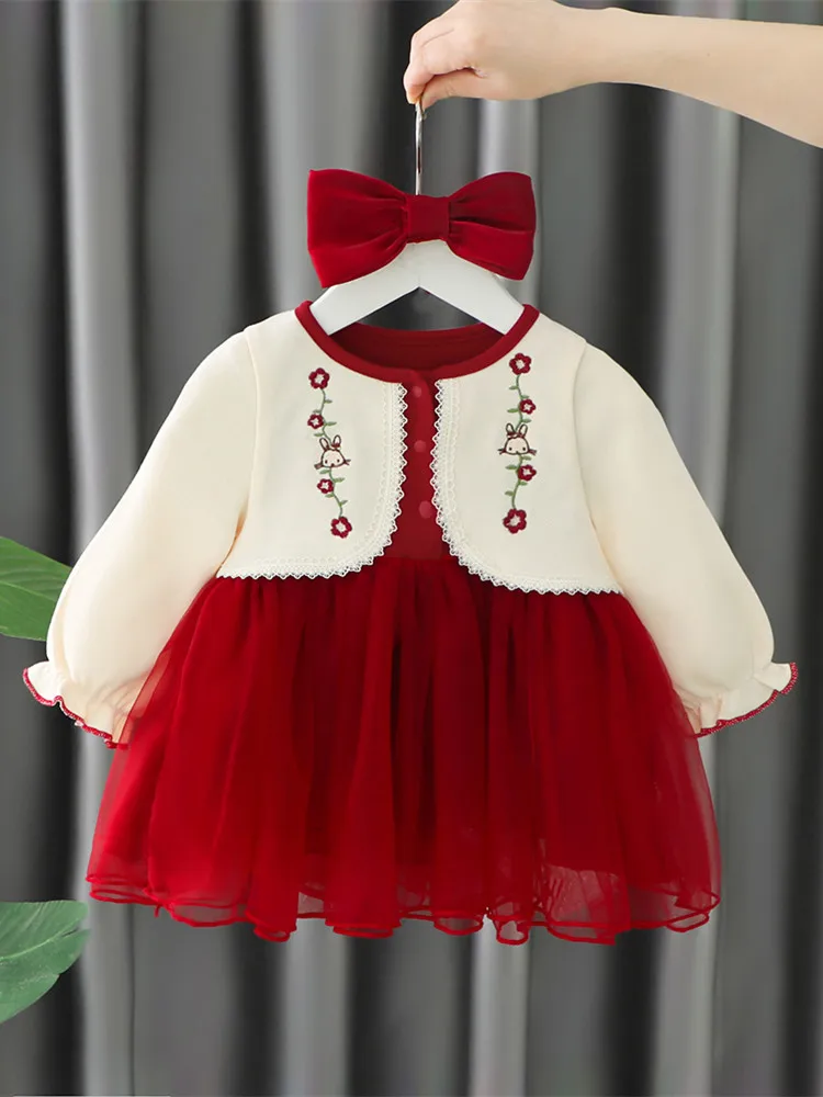 Girl\'s Dress Autumn New Children\'s Flower Embroidery Christmas Red Princess Dresses Baby 1 Year Old Birthday Mesh Splice Dress