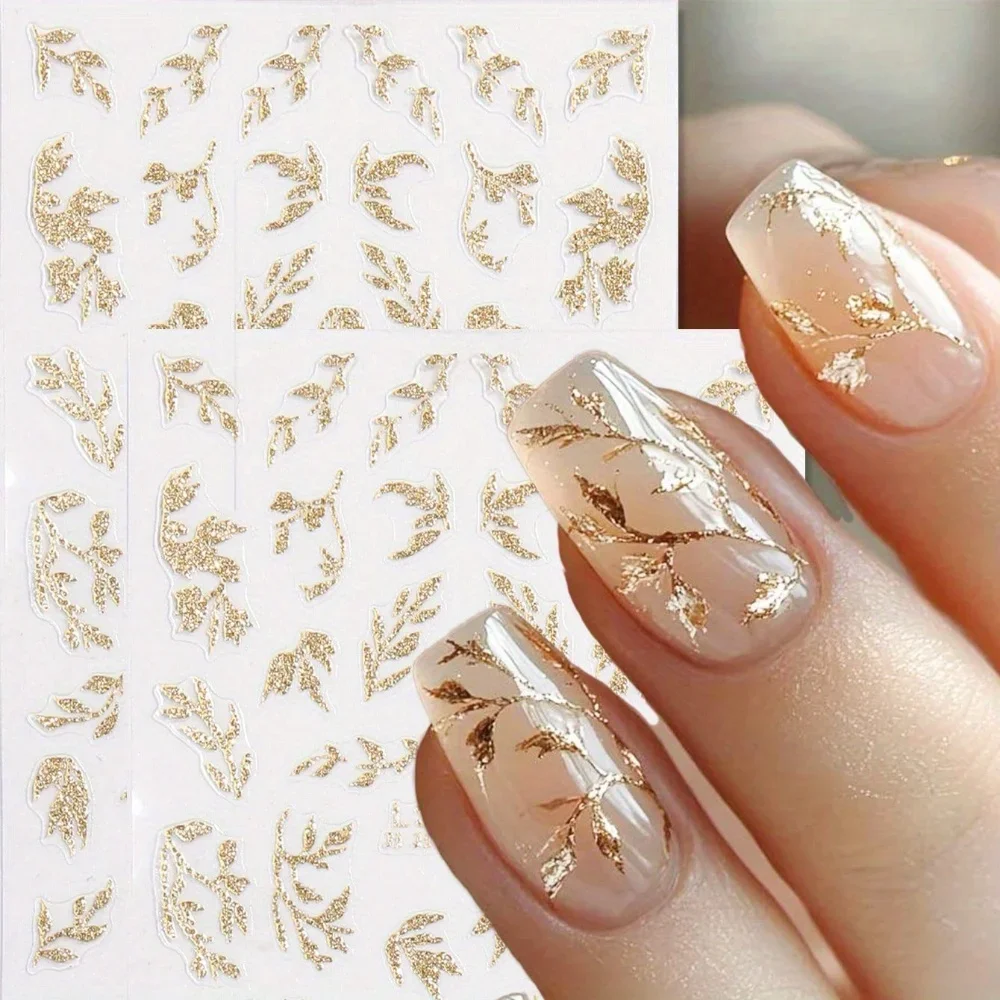 1-10pcs Golden Glitter Leaf Nail Art Stickers Featuring a Shimmering Leaf Design, Self-Adhesive Nail Decorations And Nail Art