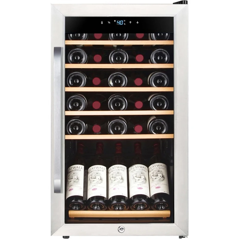 FWC-341TS 34 Bottle Freestanding Stainless Steel Wine Refrigerator with Display Shelf and Digital Control, Gray，home.