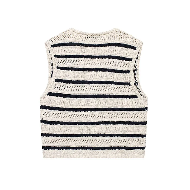 ZHUISHU Women Fashion Chic Striped Cropped Knitted Vests Female Buttons V-Neck Waistcoats Ladies Casual Sleeveless Knitwear