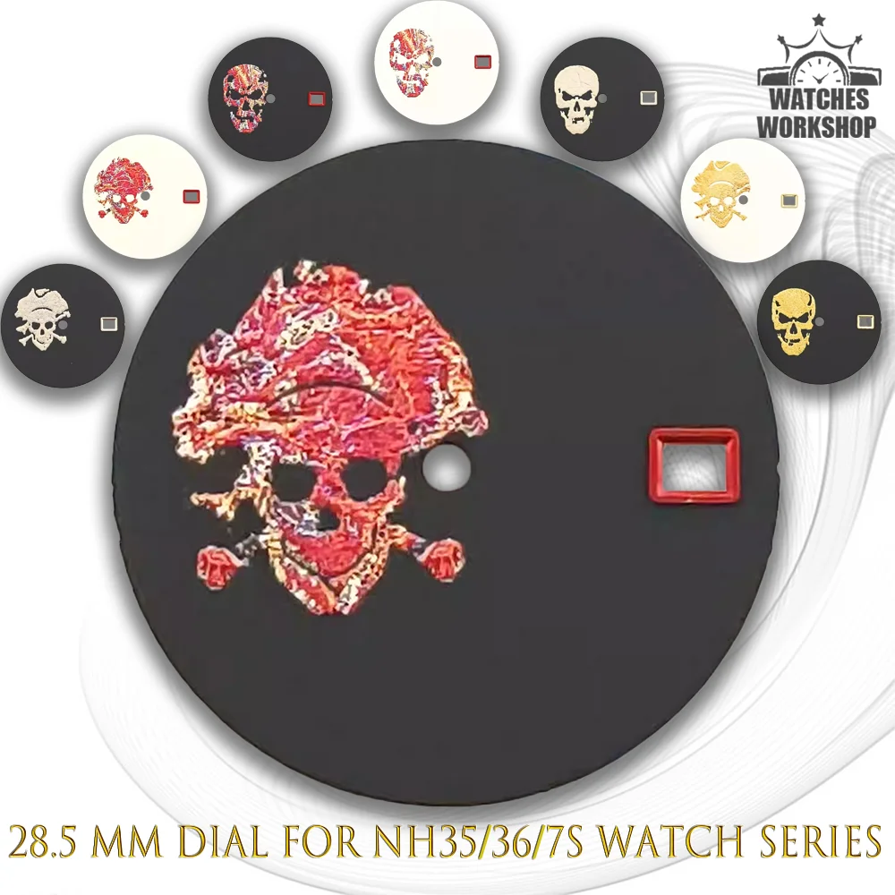 28.5mm Skull Pirate Pattern Green Luminous Watch Dial Date Window Fit NH35 NH36 7S Mechanical Watch Mod Parts