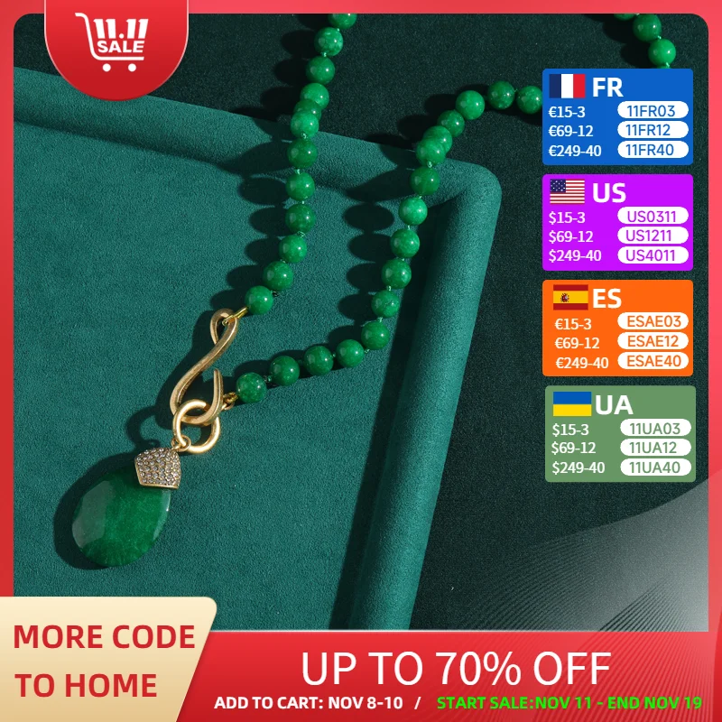 

Vintage Emerald Green Necklace Stone Natural Water Drop Pendant Woman Beaded Gold Color Retro Elegant Luxury Designer Gift 2025