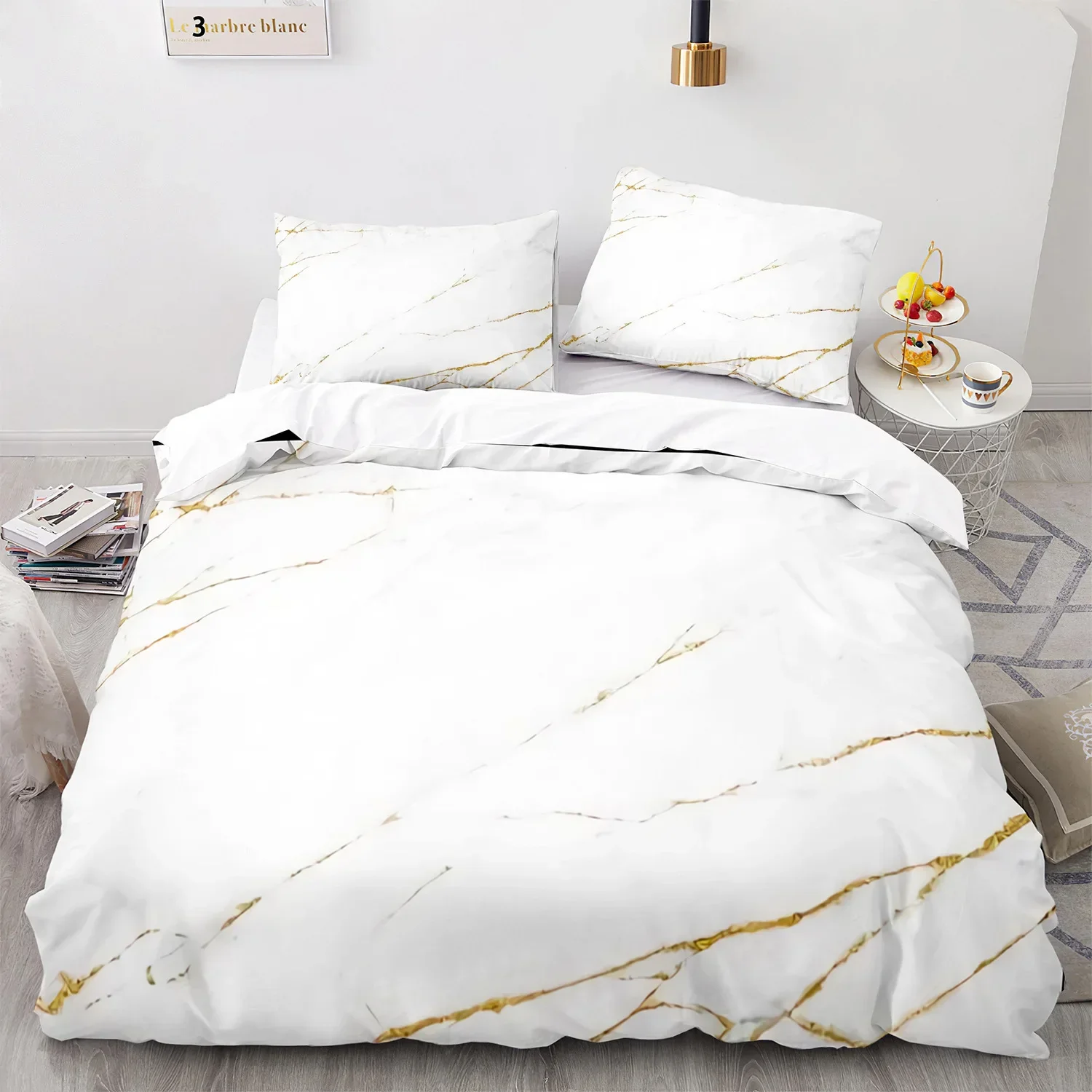 Marble Duvet Cover Set King/Queen Size White Gold Abstract Marble Texture Printed Bedding Set Abstract Polyester Quilt Cover