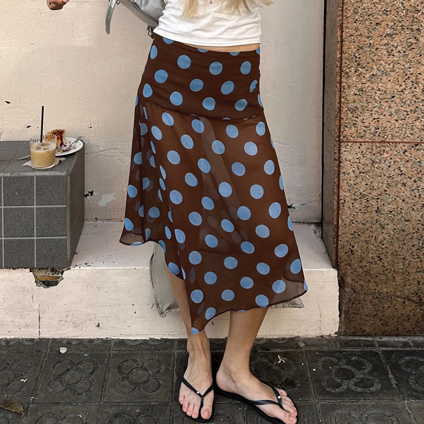 

Женская европейско-американская юбка-миди Ins Street в горошек с цветными блоками, асимметричная юбка-миди из прозрачной сетки, вместительный и повседневный универсальный низ