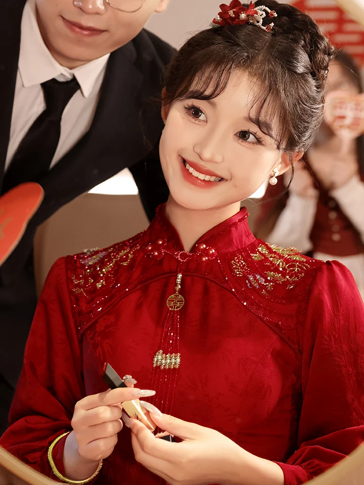 

Red Wedding Dr Engagement Dr ort Size Women's Traditional Chinese Sle Dr for Daily Wear And Homecoming...