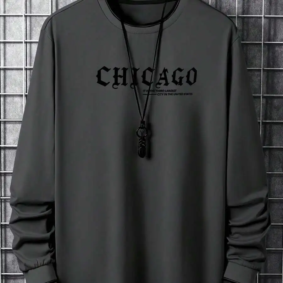 

Polyester Chicago Letter Print Long Sleeve T-Shirt Men Casual Graphic Top