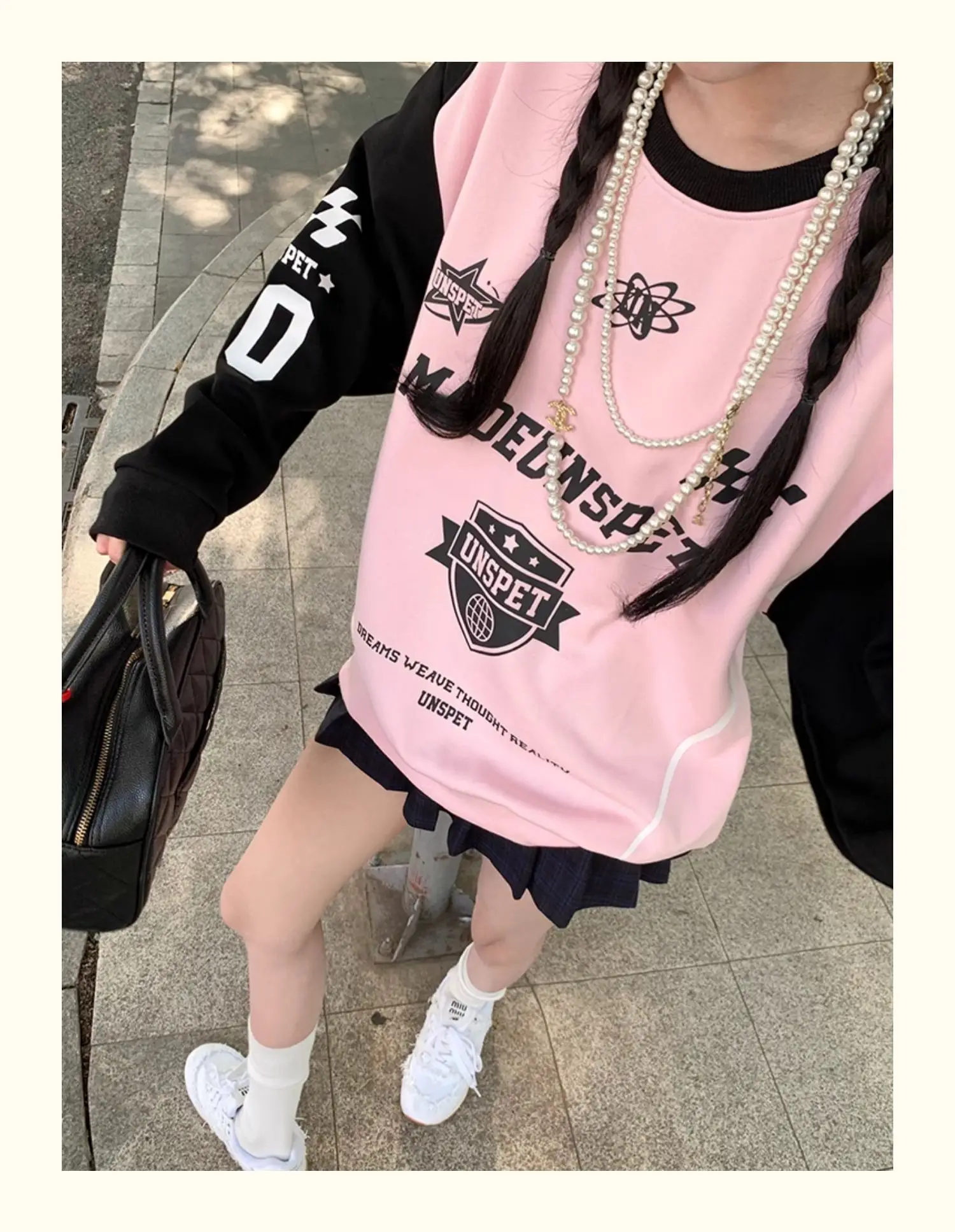 Pink Black Contrast Patchwork Sweatshirt American Baseball Badge Printing Long Sleeve Pullover Loose Oversized Hip Hop Men Tops