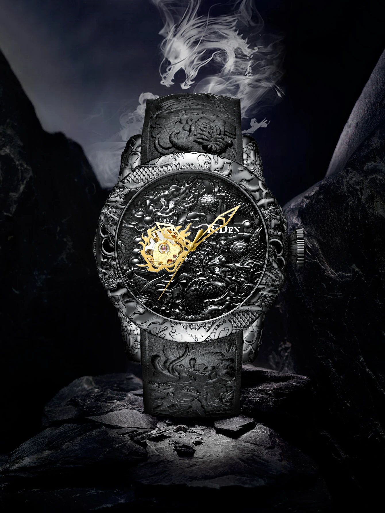 BIDEN Hommes montre grand cadran montre 3D gravure Dragon étanche Sport quartz montre élégant cadeau pour hommes + boîte - cadeau gratuite