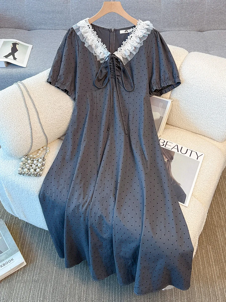 

150Kg Plus Size Women's Bust 148 Summer Loose Mesh Lace Up Polka Dot Short Sleeved Dress Gray 5XL 6XL 7XL 8XL 9XL