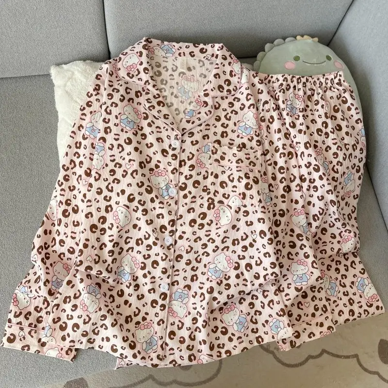 

Hello Kitty 2025 хлопковый пижамный комплект с леопардовым принтом и облаком, осенние брюки из 2 предметов с длинными рукавами, легкая одежда для дома