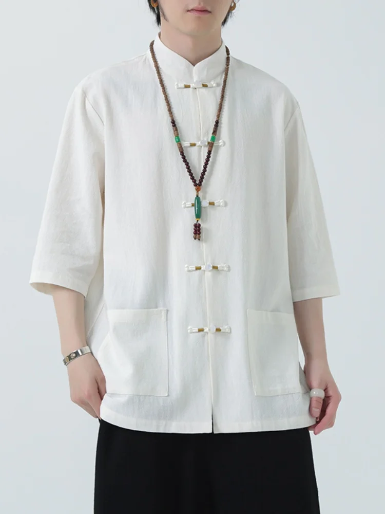 

Loose Fit Linen ort Sve irt Men's Summer Casual Outerwear Thin Five Sve Hanfu Sle Traditional Chinese Clothing